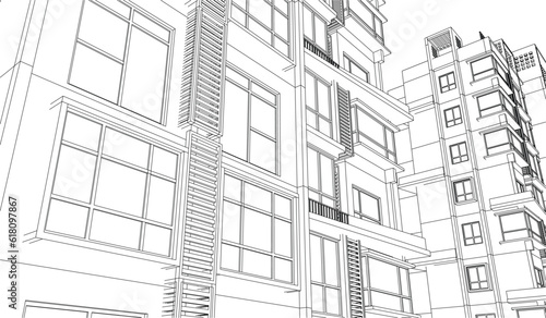 Illustration of an apartment facade, line drawing blueprint