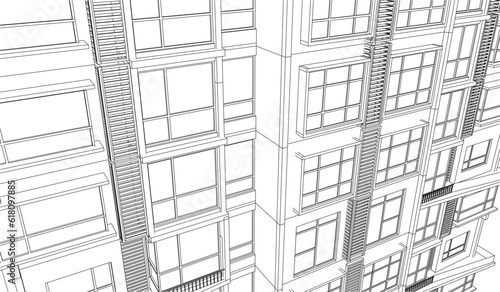 Illustration of an apartment facade, line drawing blueprint