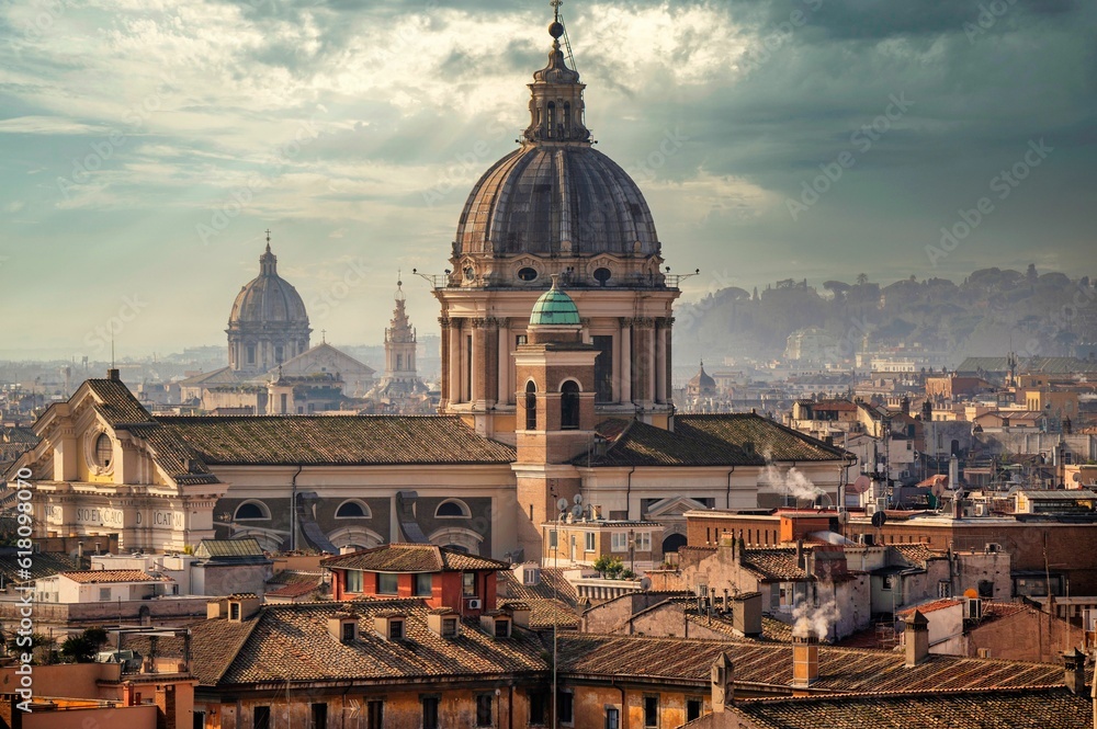 Aerial view of beautiful cityscape of Rome with Sant'Ambrogio e Carlo al Corso Basilica in Italy