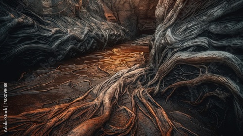  a painting of a river surrounded by trees with roots on the ground. generative ai