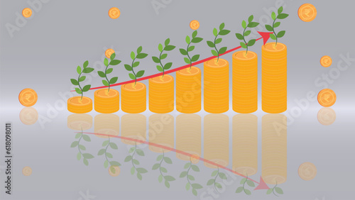 Indian Economy Growth Conceptual Illustration with Growing Bar Graph of Stacks of Indian Rupee Coins 