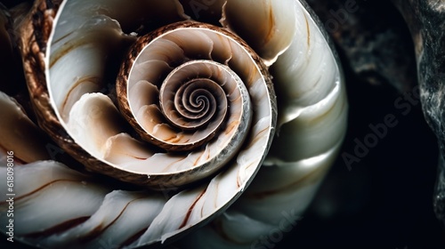  a close up of a spiral shaped object on a rock.  generative ai