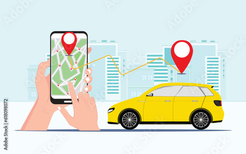 Global Positioning System (GPS) Conceptual Illustration with pinned location on smartphone and taxi running on road