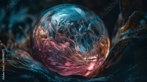  a close up of a glass ball on a black background. generative ai