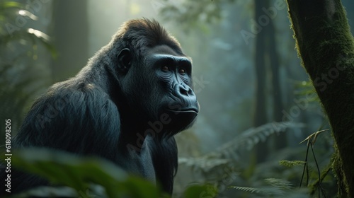  a gorilla standing in the middle of a forest filled with trees.  generative ai © Jevjenijs