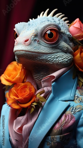 Funny and creative art: an iguana with glasses and a vivid jacket - generated by AI