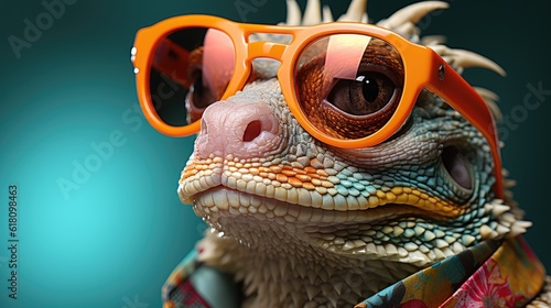 Funny and creative art  an iguana with glasses and a vivid jacket - generated by AI