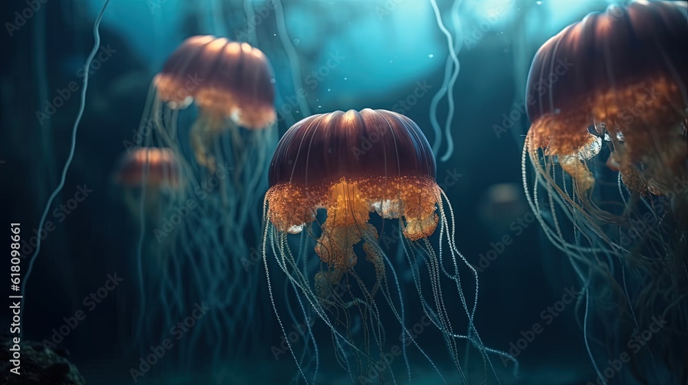 a group of jellyfish floating in a blue sea water. generative ai a group of jellyfish floating in a blue sea water. generative ai