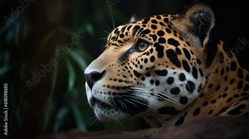  a close up of a leopard's face with a black background. generative ai