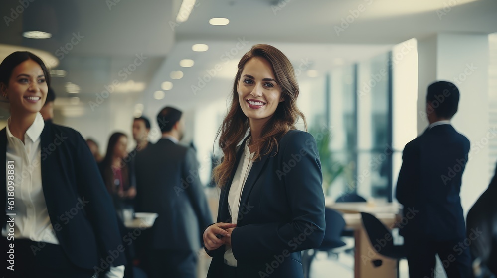 A happy young leader coach mentor businesswoman smile at group business meeting in modern office, corporate team people engaged in talking at work, Generative AI A happy young leader coach mentor businesswoman smile at group business meeting in modern office, corporate team people engaged in talking at work, Generative AI