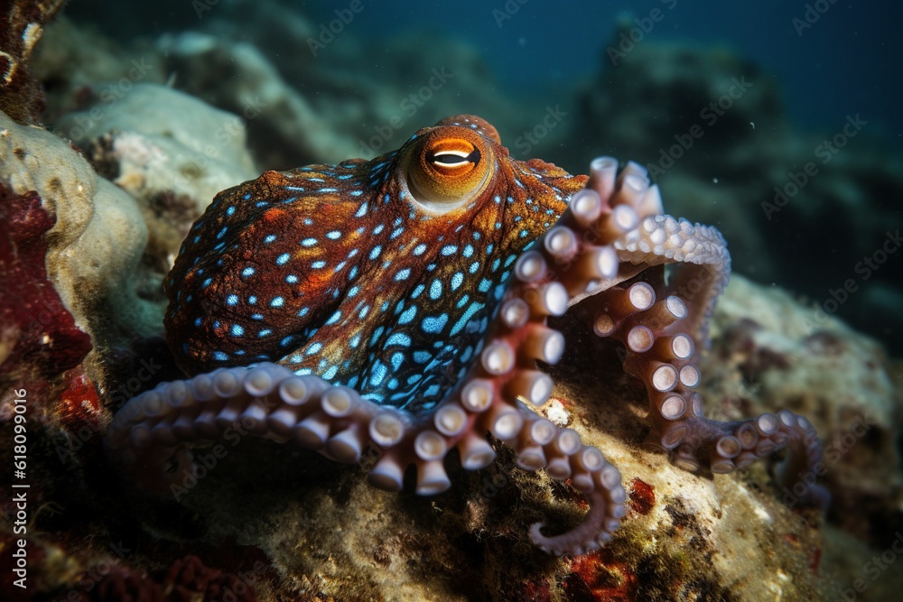 AI generated illustration of a beautiful vibrant octopus underwater AI generated illustration of a beautiful vibrant octopus underwater