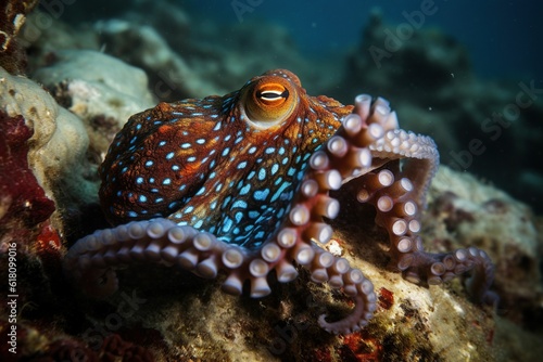 AI generated illustration of a beautiful vibrant octopus underwater