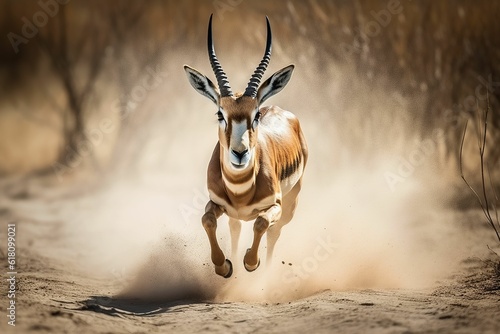 AI generated illustration of a gazelle sprinting through a dry, dusty terrain photo