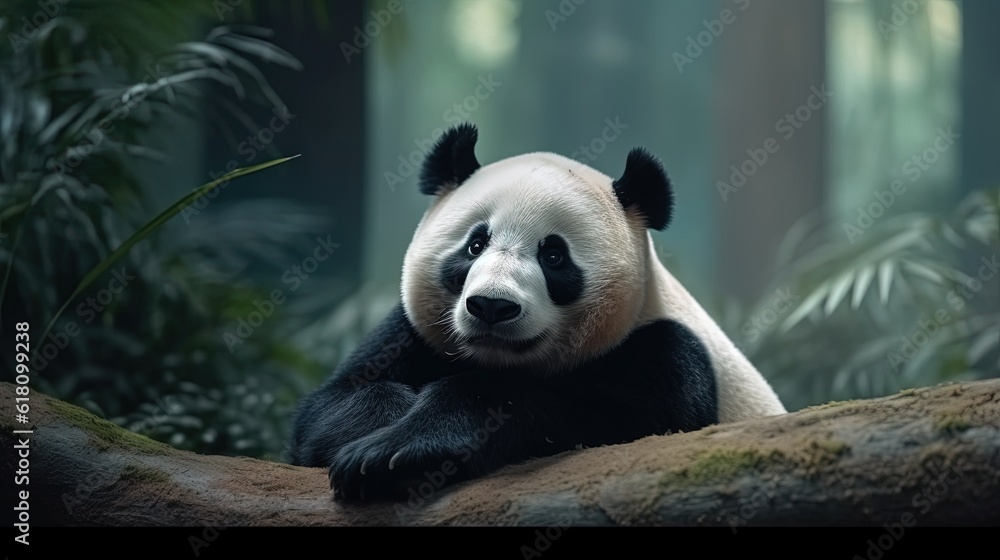  a panda bear sitting on a tree branch in a forest.  generative ai