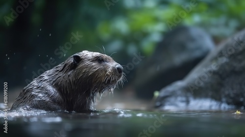  a wet otter in a river with rocks in the background. generative ai