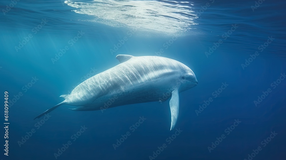  a large white dolphin swimming in the ocean water with a light shining on it's side.  generative ai
