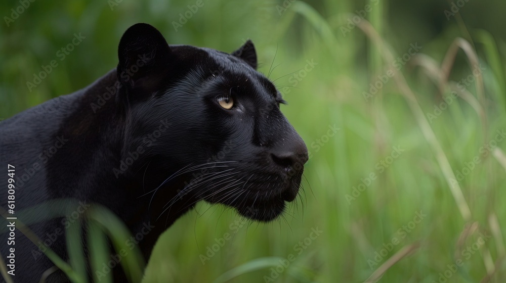  a close up of a black cat in a field of tall grass.  generative ai