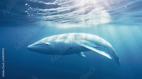  a large white whale swimming in the ocean with sunlight shining through the water.  generative ai © Jevjenijs