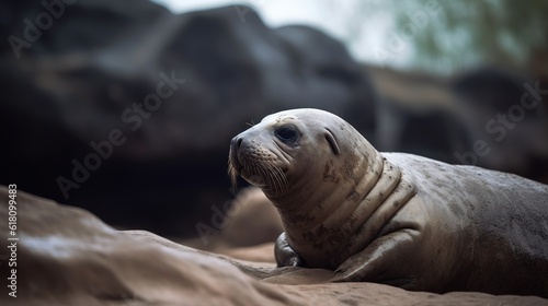  a baby seal sitting on top of a sandy beach next to rocks. generative ai