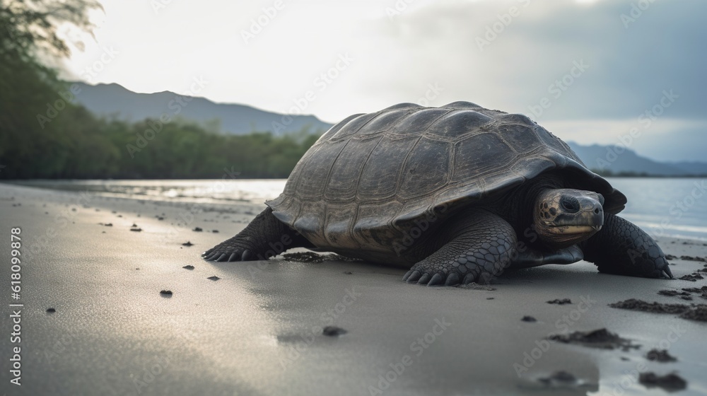  a large turtle sitting on top of a beach next to the ocean.  generative ai