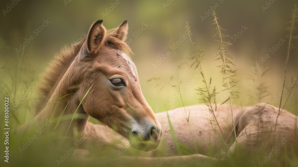  a horse laying down in a field of tall grass with its eyes closed.  generative ai