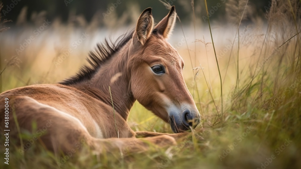 a brown horse laying in a field of tall grass next to a body of water. generative ai a brown horse laying in a field of tall grass next to a body of water. generative ai