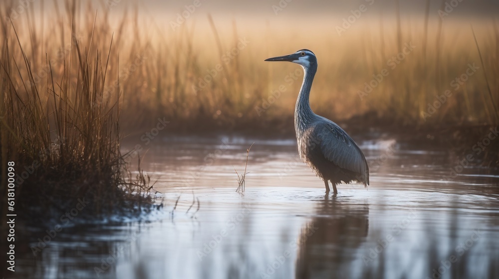 a large bird standing in a body of water near tall grass. generative ai a large bird standing in a body of water near tall grass. generative ai
