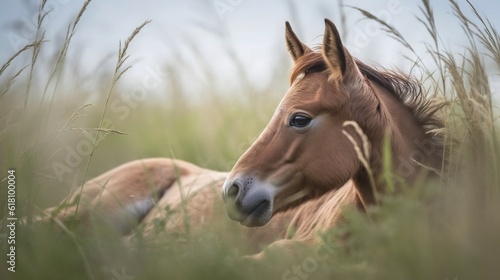  a brown horse laying down in a field of tall grass. generative ai