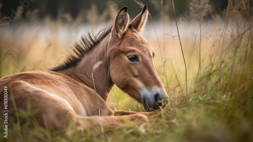  a brown horse laying in a field of tall grass next to a body of water. generative ai