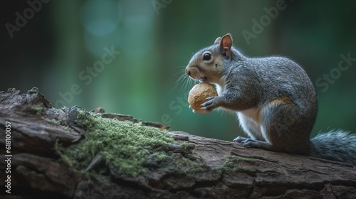  a squirrel is eating a nut on a tree branch in the woods.  generative ai photo