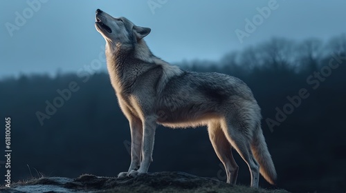  a wolf standing on top of a hill with its mouth open.  generative ai