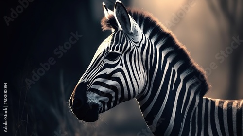  a zebra standing in the middle of a forest at night.  generative ai