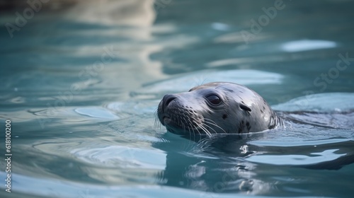  a seal is swimming in the water with his head above the water.  generative ai © Jevjenijs
