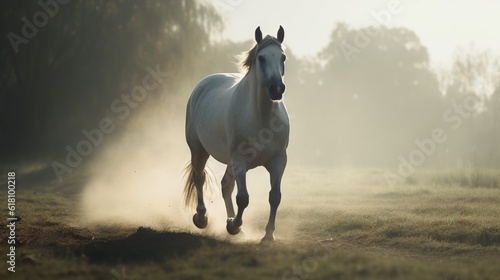  a white horse running in a field with trees in the background.  generative ai © Jevjenijs