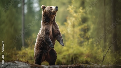 a brown bear standing on its hind legs in a forest. generative ai