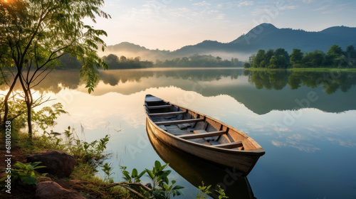 landscape with wooden boat on lake at morning with reflections