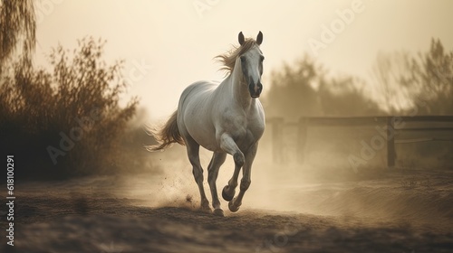  a white horse running in the dirt near a fence and trees. generative ai