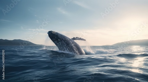  a humpback whale jumping out of the ocean water.  generative ai © Jevjenijs