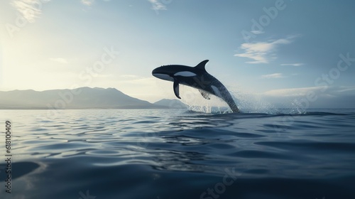  an orca jumping out of the water in front of mountains. generative ai