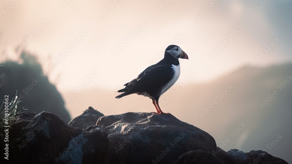  a black and white bird sitting on a rock in the sun.  generative ai