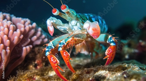  a close up of a lobster on a coral with other corals in the background.  generative ai