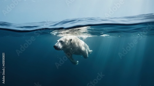  a polar bear swimming in the ocean with a clear blue sky. generative ai
