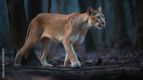  a mountain lion standing on a log in a forest at night.  generative ai
