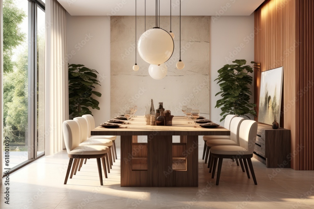 Fototapeta premium A Dining Room with Sleek Furniture, Contemporary Art, and a Chic Color Palette.