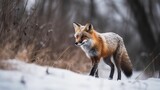  a red fox standing in the snow in a forest with tall grass.  generative ai