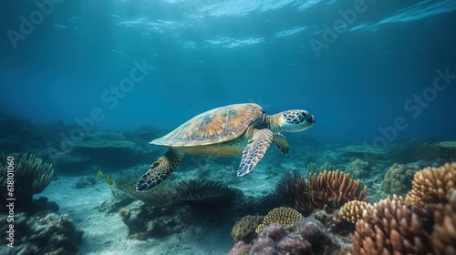  a turtle swims over a coral reef in the ocean. generative ai