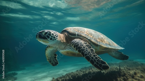  a turtle swimming in the ocean with its head above the water. generative ai