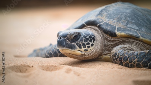  a close up of a turtle laying on the sand with its eyes closed. generative ai