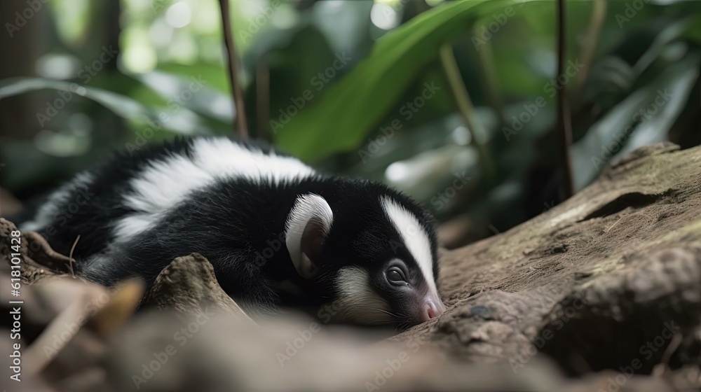 a small black and white animal laying on top of a rock. generative ai a small black and white animal laying on top of a rock. generative ai