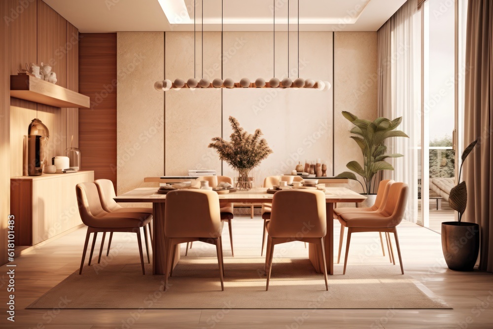 A Luxurious Dining Room with a Wooden Table, contemporary Decor, and Elegant Lighting A Luxurious Dining Room with a Wooden Table, contemporary Decor, and Elegant Lighting